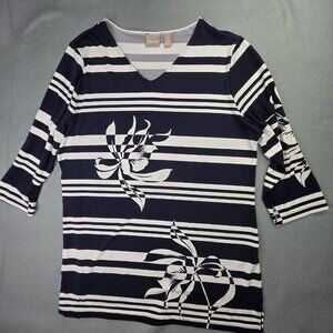 Chicos Top Women 2 Large Navy Blue White Striped Floral Stretch 3/4 Sleeve Tunic